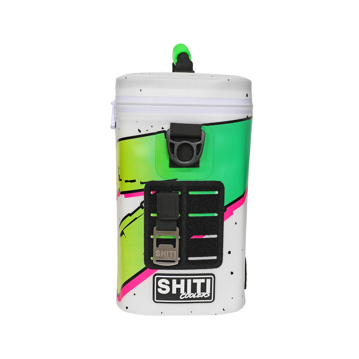 Boozer Soft Cooler in vibrant design, holds 12 cans, featuring a secure strap and easy-access zipper. Ideal for outdoor use.