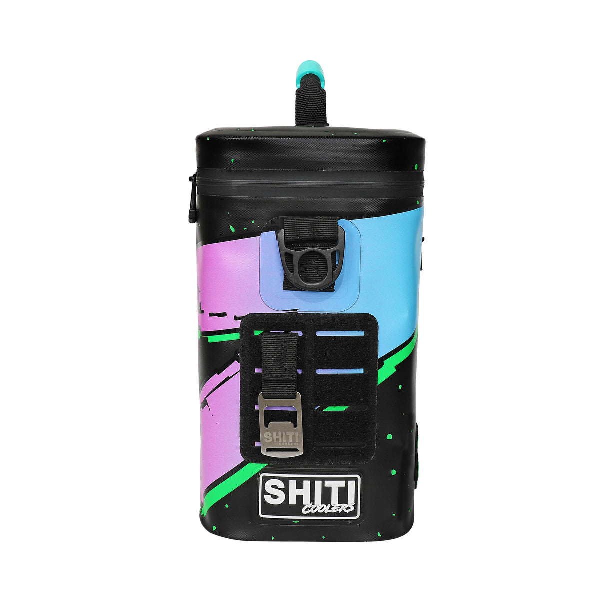 Midnight Rider Soft Cooler in black with vibrant blue, pink, and green accents, designed to hold 12 cans.