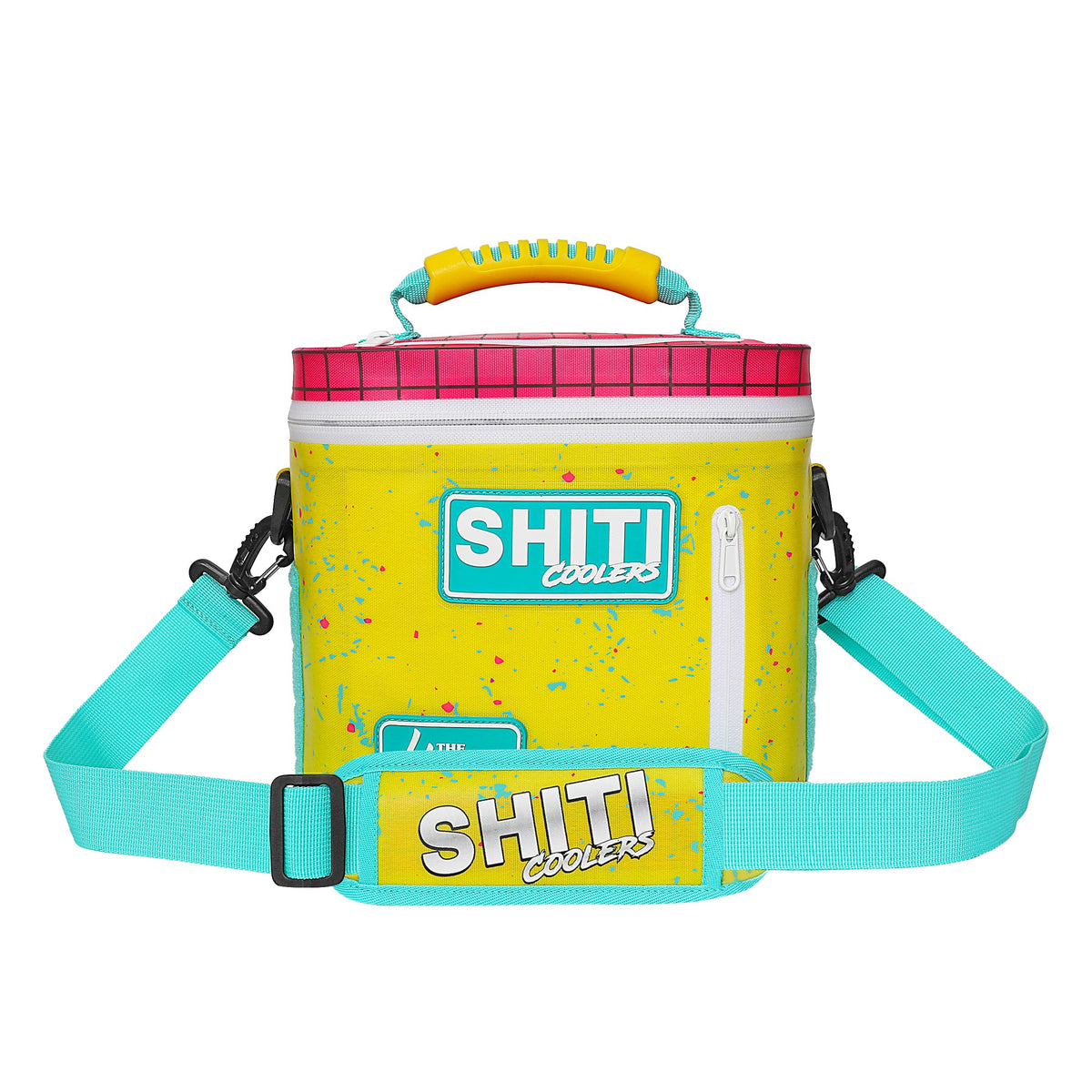 Vibrant yellow soft cooler with pink accents, designed to hold six cans, featuring a shoulder strap and carrying handle.