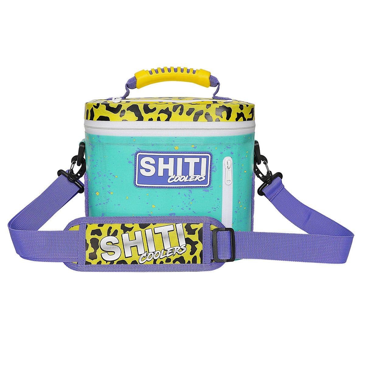 Vibrant Panty Dropper Soft Cooler in teal and yellow, designed to hold six cans, featuring a sturdy handle and adjustable strap.