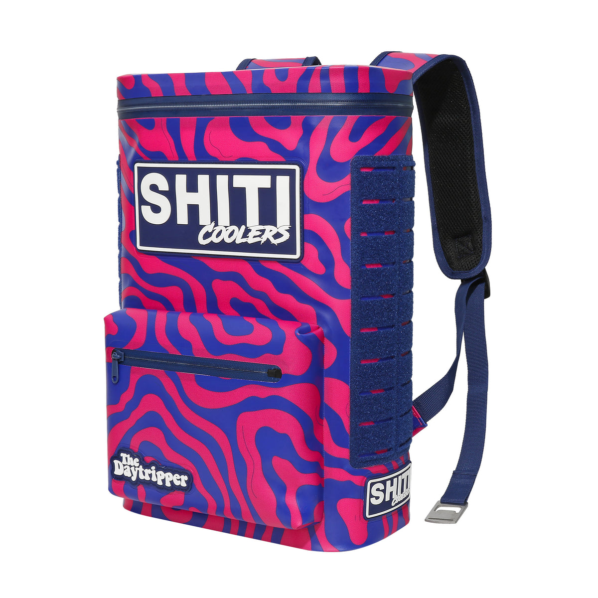 Vibrant pink and blue Daytripper Backpack Cooler with a 15-can capacity, featuring a front pocket and padded straps.