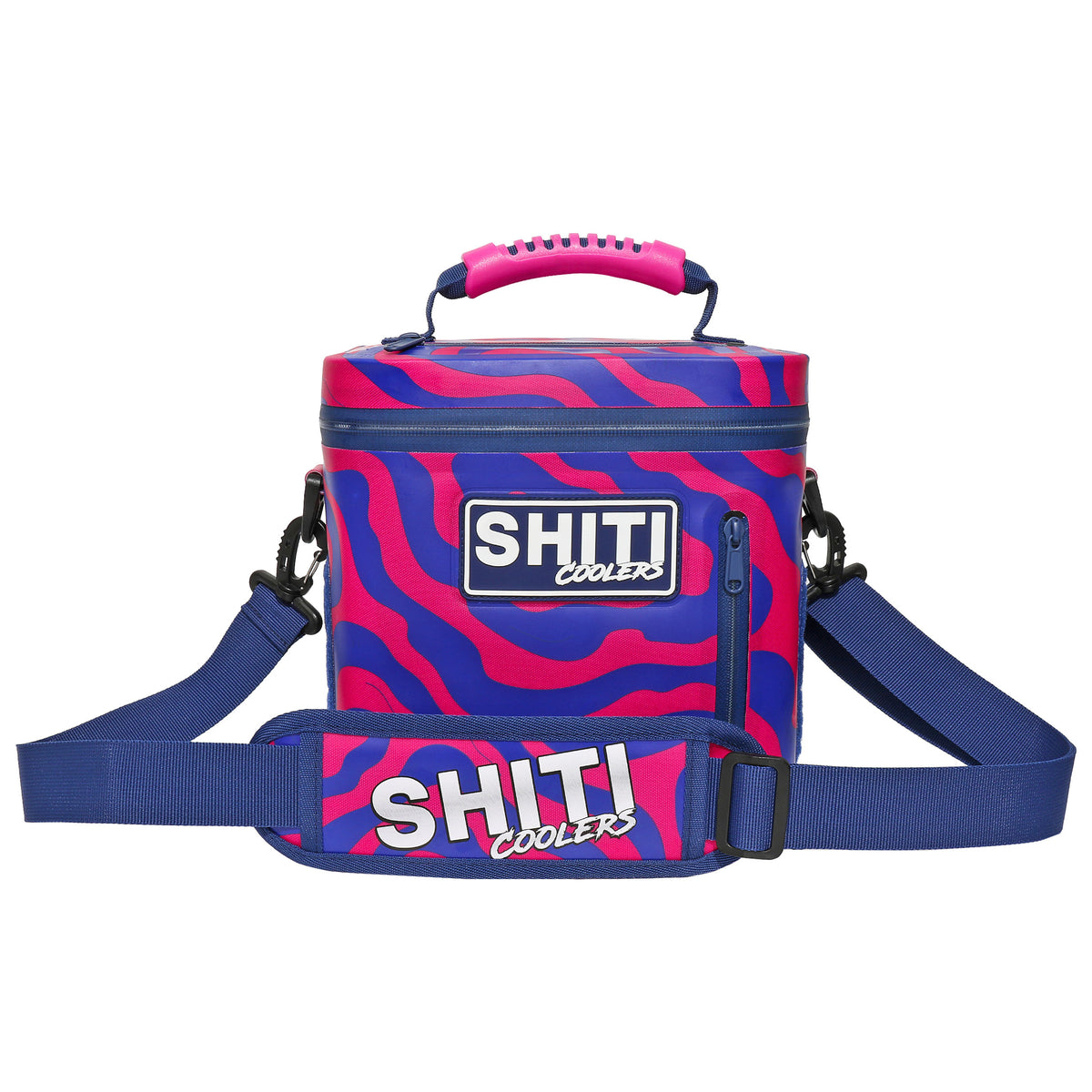 Vibrant Daytripper Soft Cooler in pink and blue, designed to hold 6 cans, featuring a sturdy handle and adjustable strap.