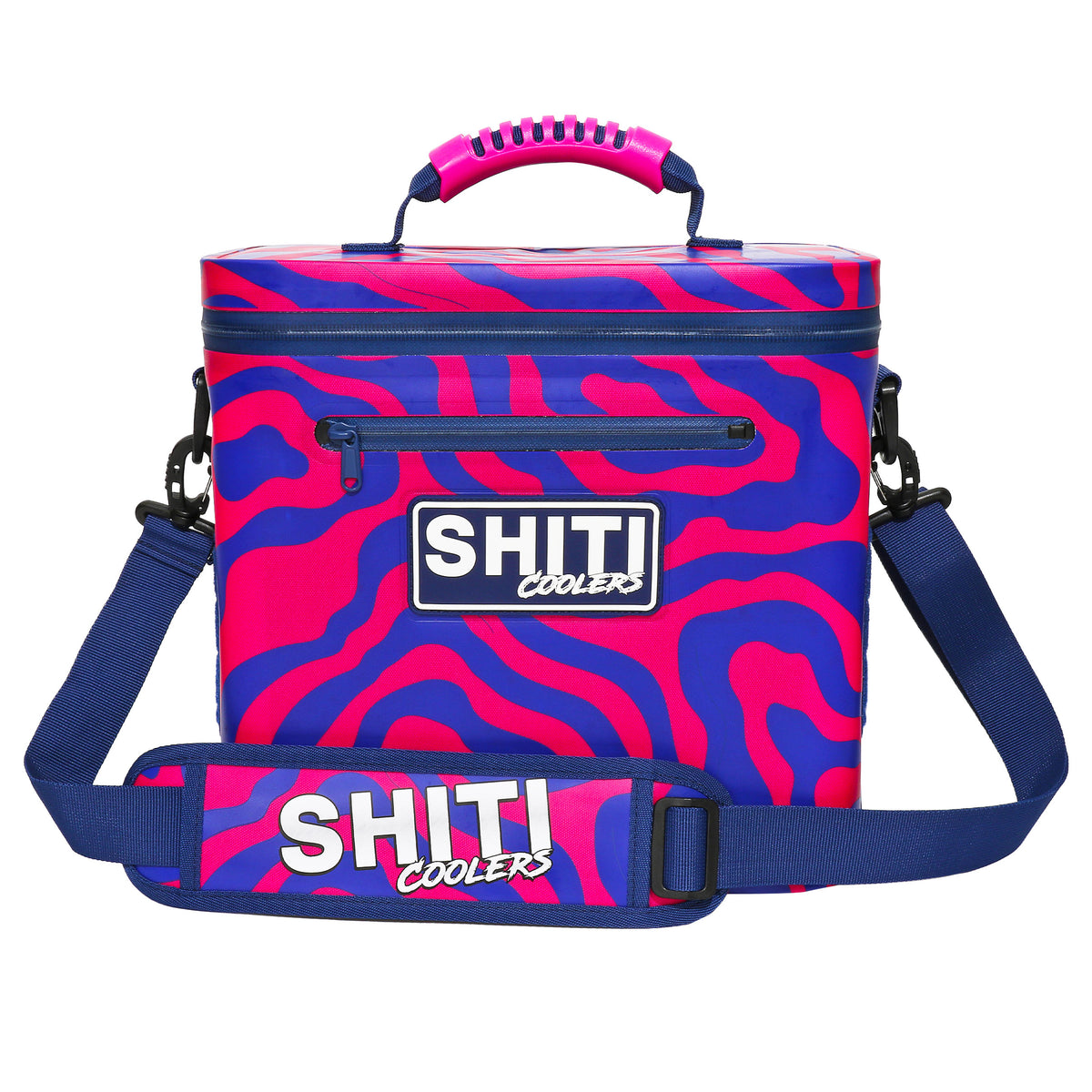 Vibrant Daytripper Soft Cooler in pink and blue zebra pattern, designed to hold 12 cans, featuring a sturdy handle and adjustable strap.
