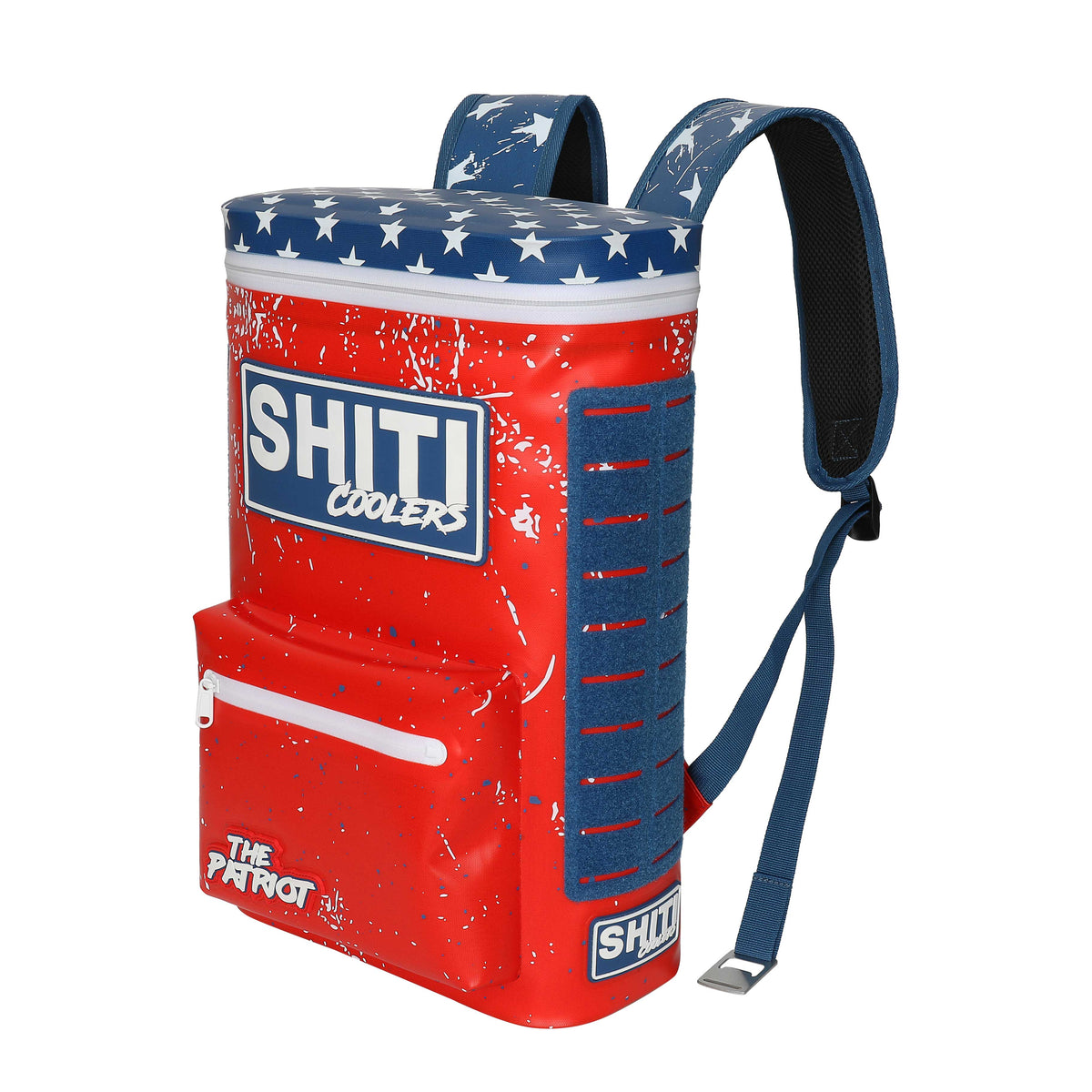 Red and blue Patriot Backpack Cooler with star-patterned top, designed to hold 15 cans, featuring adjustable straps.