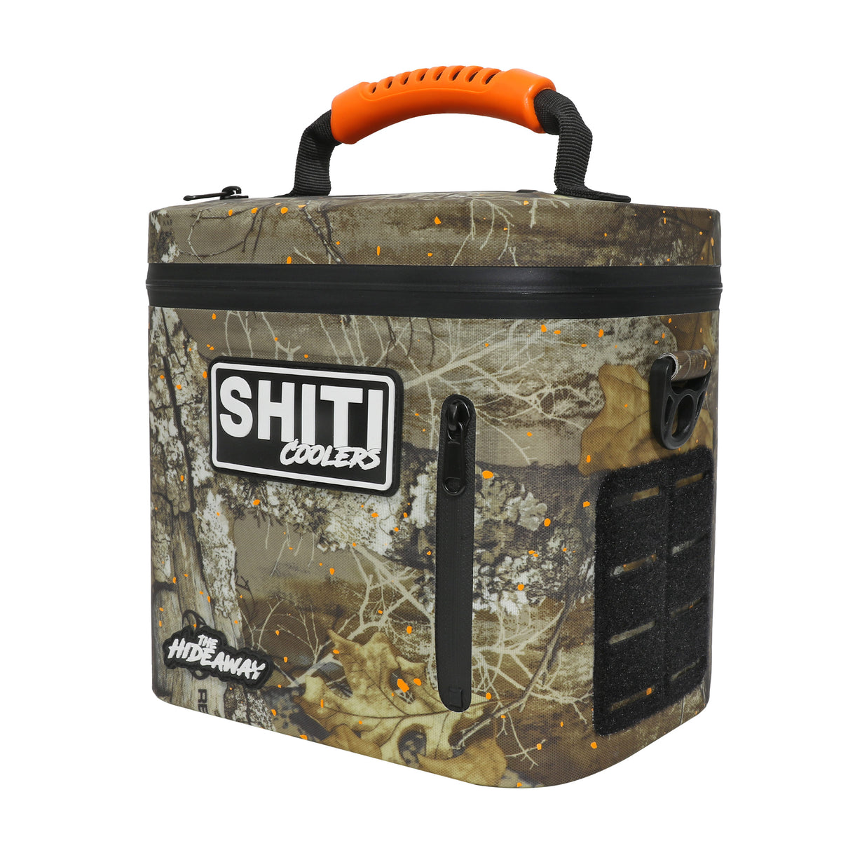 Realtree Soft Cooler designed for 6 cans, featuring a camouflage pattern and an orange handle for easy transport.
