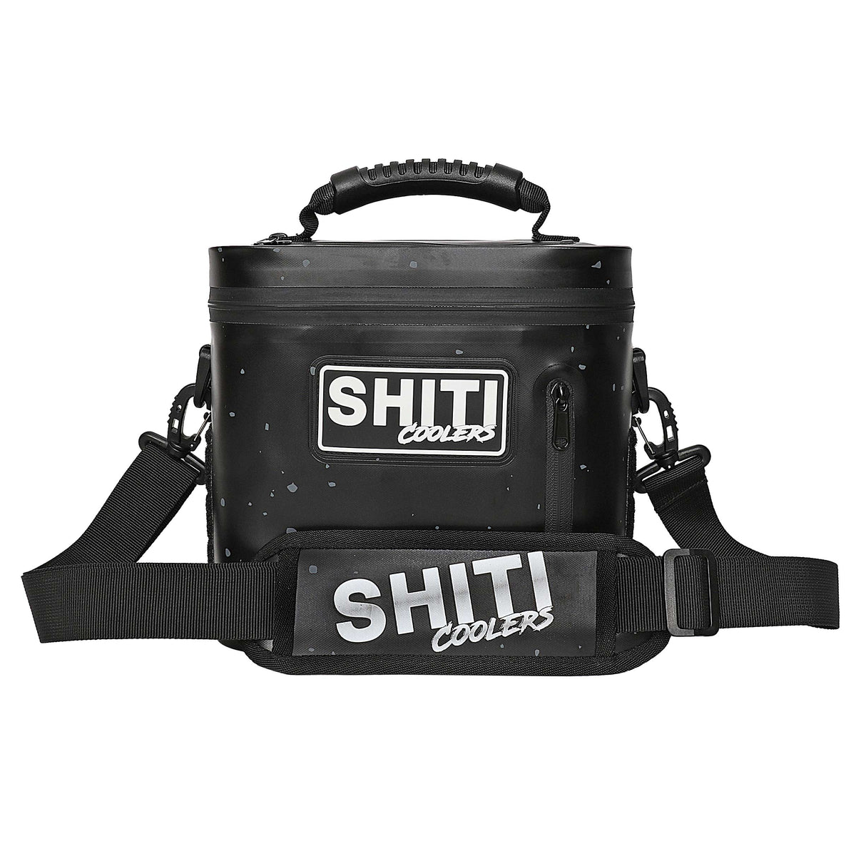 Blackout Soft Cooler - 6 Can, featuring a sleek black design, sturdy handle, and adjustable shoulder strap for easy transport.