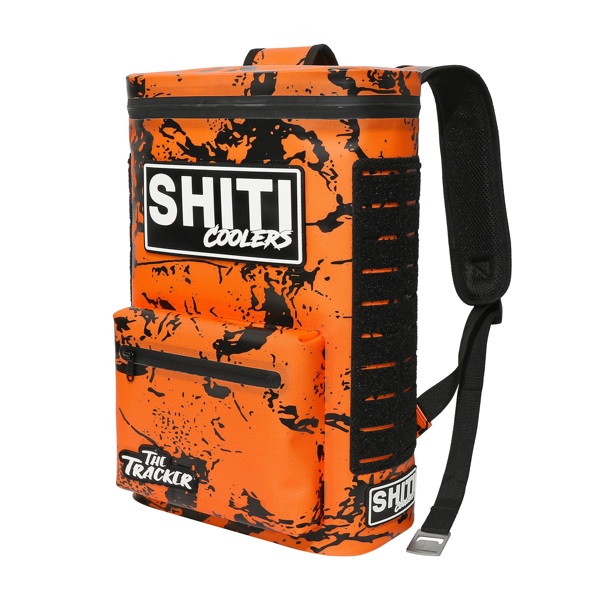 Orange Tracker Backpack Cooler from SHITI Coolers, designed to hold 15 cans, featuring a sleek, durable exterior and adjustable straps.