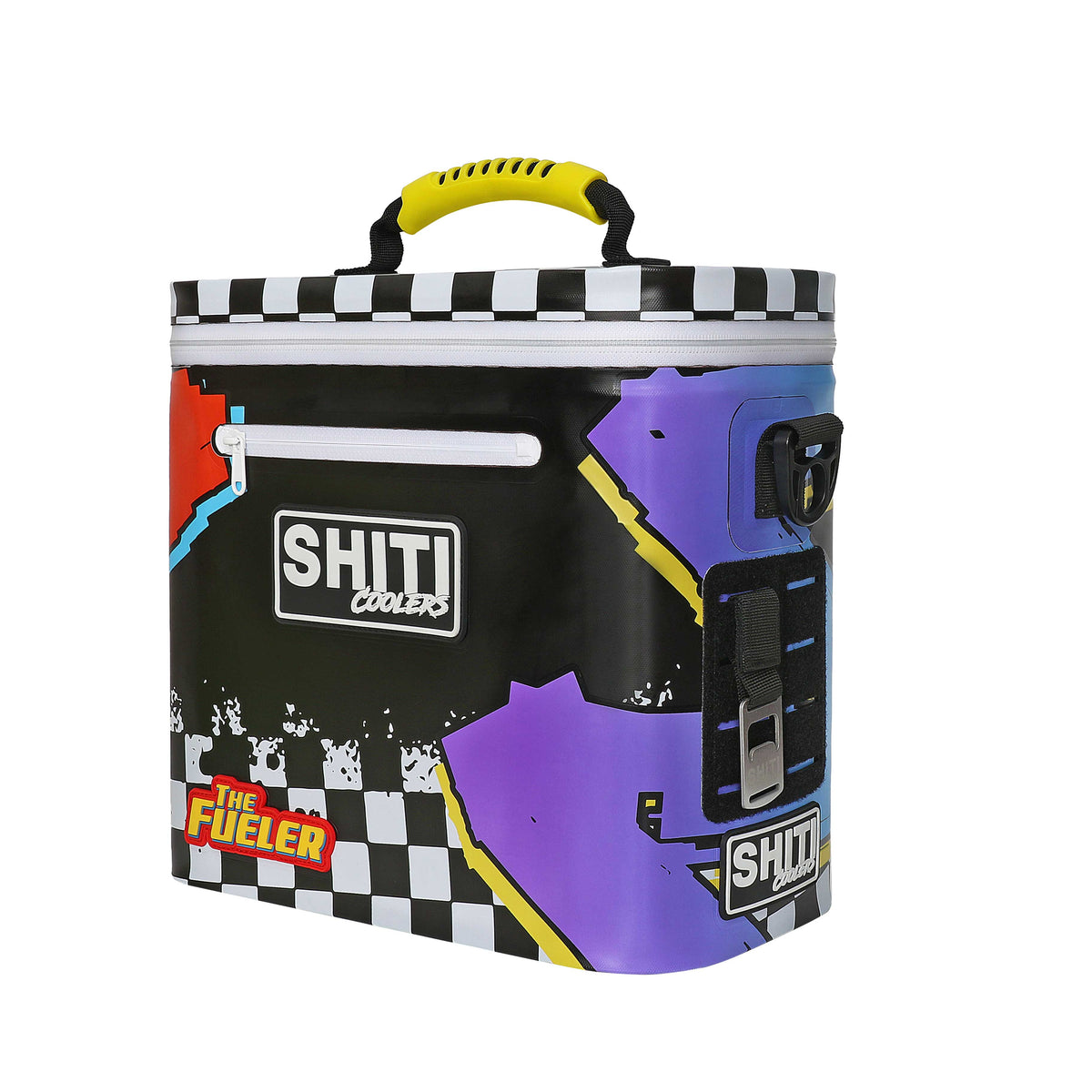 Colorful Fueler Soft Cooler designed to hold 12 cans, featuring a checkered pattern and convenient side pockets.