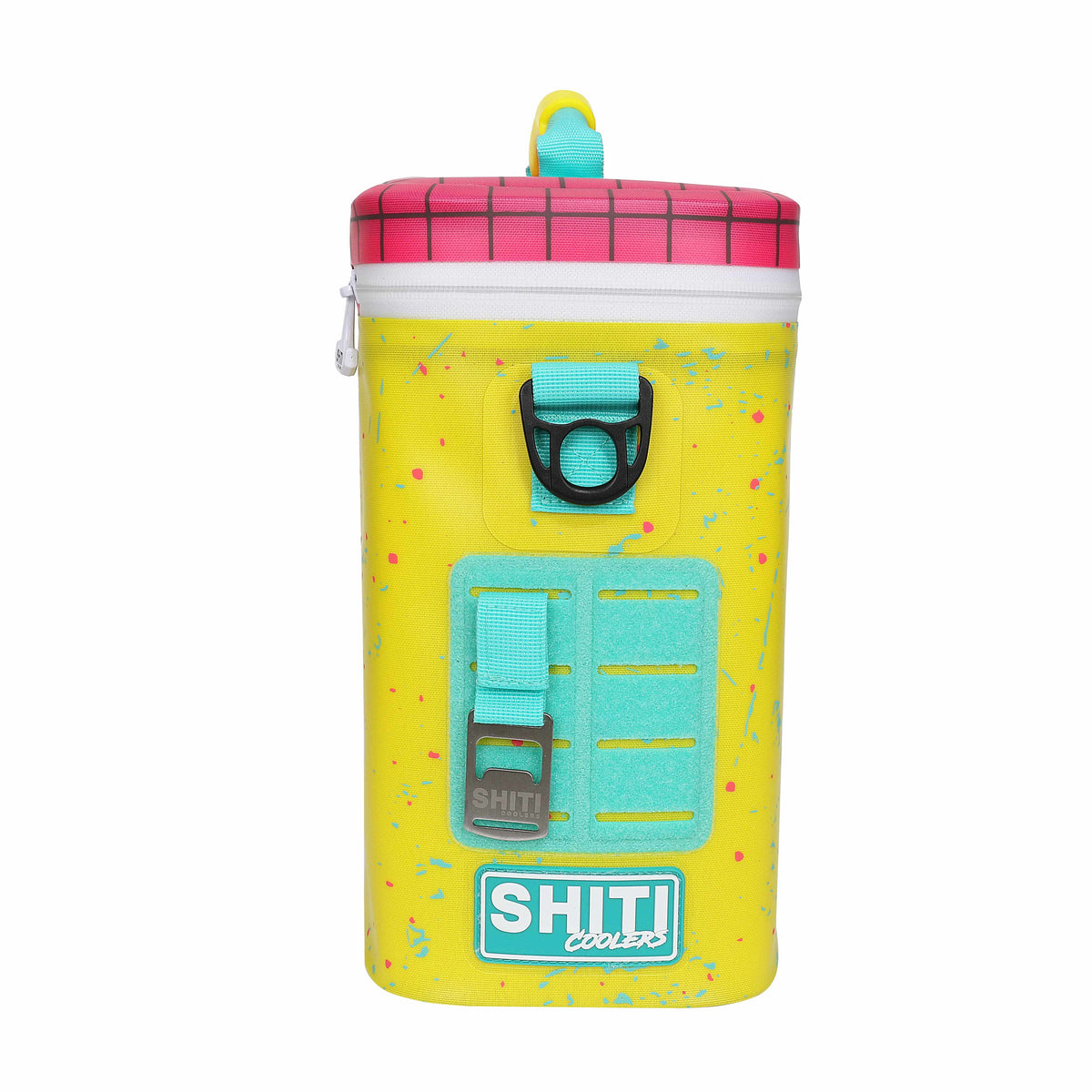 Bright yellow soft cooler designed to hold 12 cans, featuring a pink checkered lid and adjustable strap for easy transport.