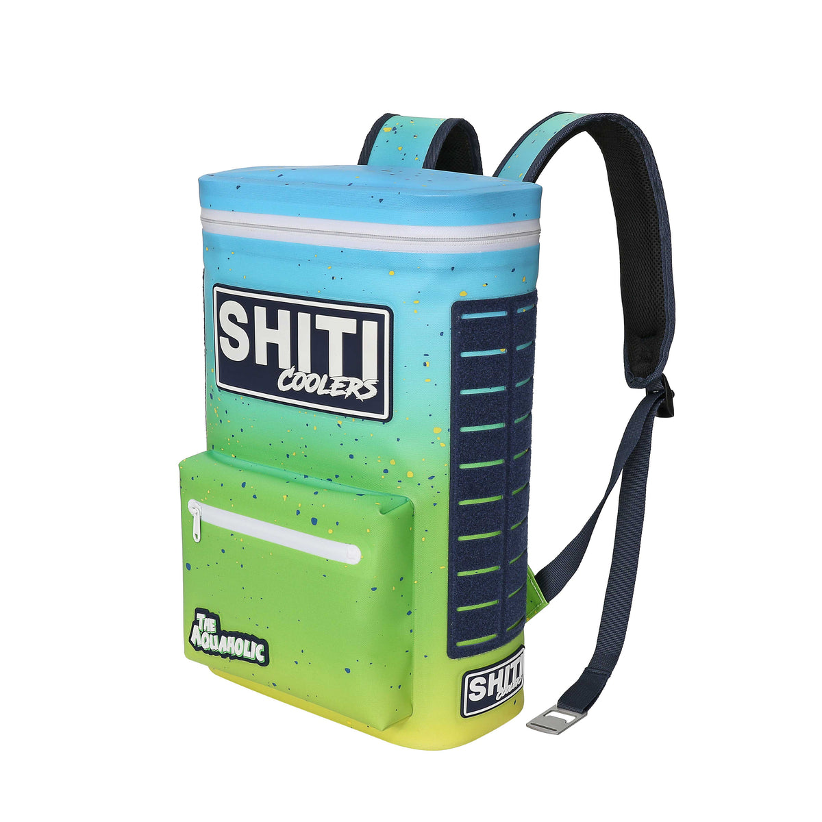 Colorful Aquaholic Backpack Cooler designed to hold 15 cans, featuring adjustable straps and a front pocket for accessories.