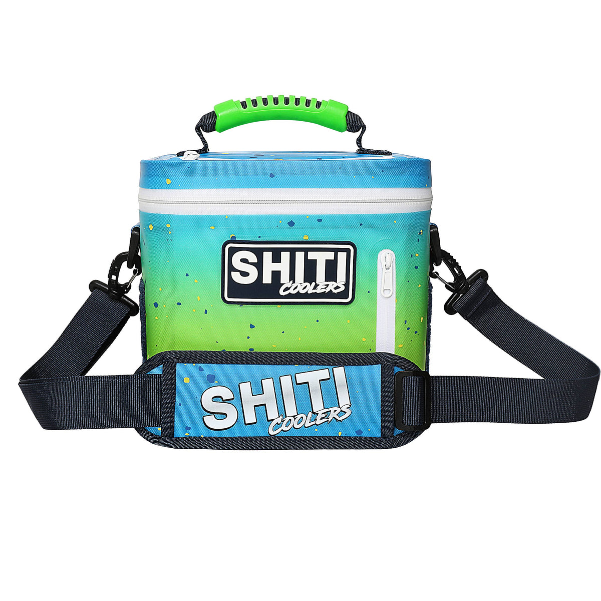 Aquaholic Soft Cooler in vibrant blue and green, designed to hold 6 cans, featuring a shoulder strap and sturdy handle.