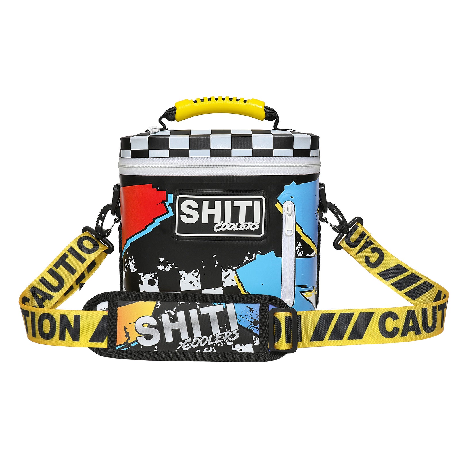 Soft cooler designed to hold six cans, featuring a colorful graphic design and a yellow caution strap for easy carrying.