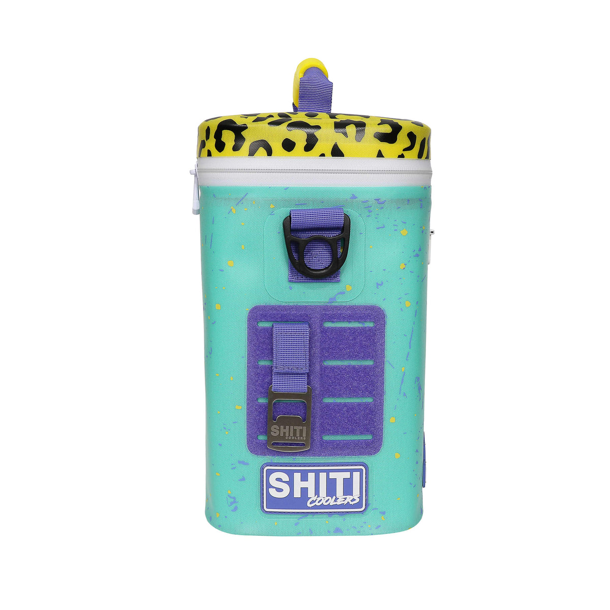 Vibrant Panty Dropper Soft Cooler in teal with a leopard print lid, designed to hold 12 cans and featuring a sturdy strap.
