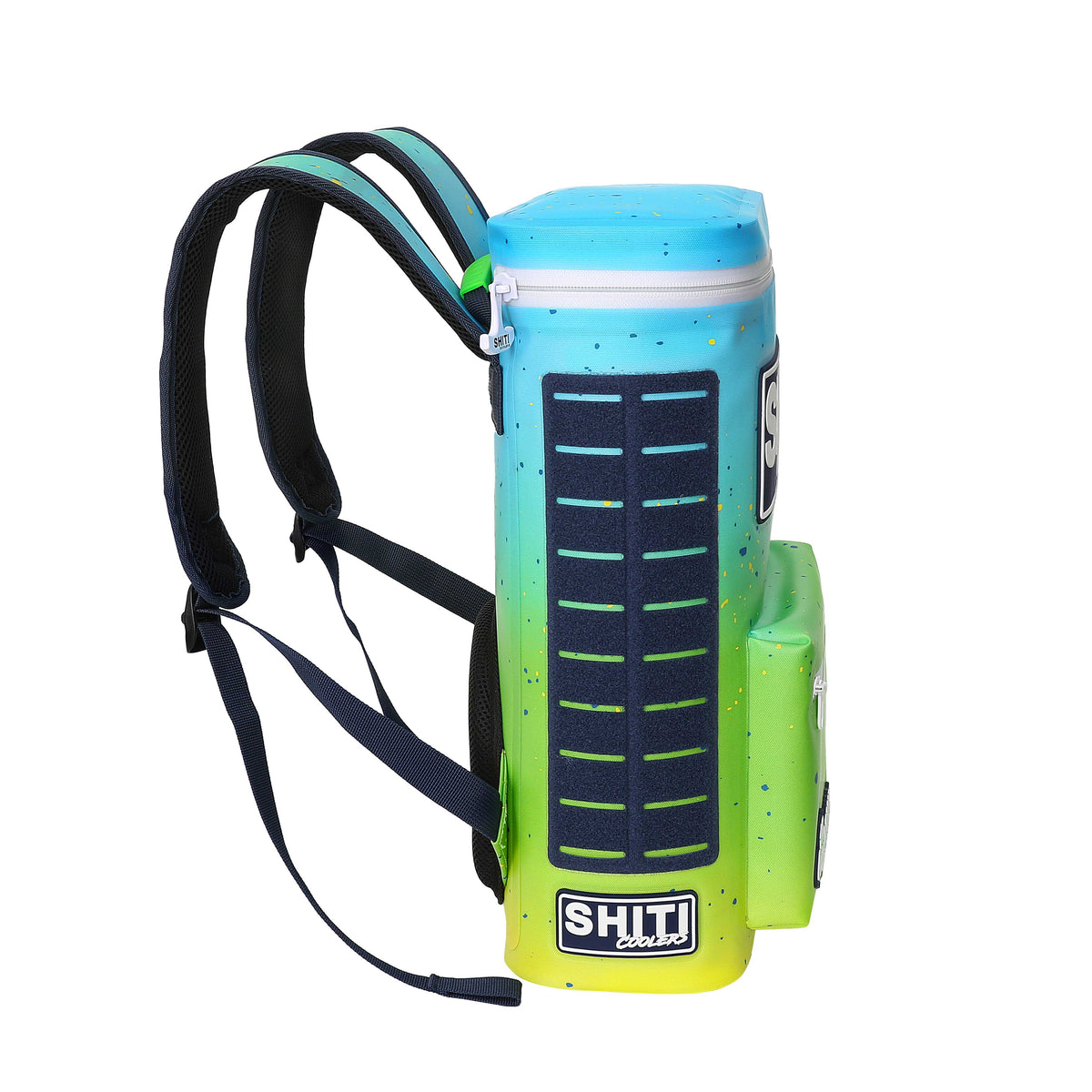 Aquaholic Backpack Cooler in vibrant blue and green, designed to hold 15 cans, featuring adjustable straps and a side pocket.