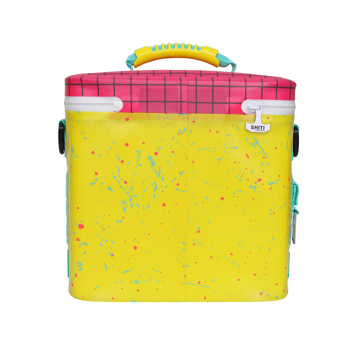 Brightly colored soft cooler with a yellow and pink design, featuring a sturdy handle and capacity for 12 cans.