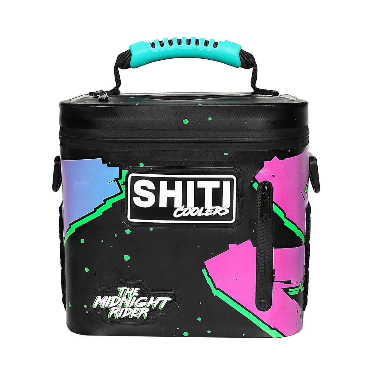 Midnight Rider Soft Cooler in black with vibrant pink and teal accents, designed to hold 6 cans. Features a sturdy handle.
