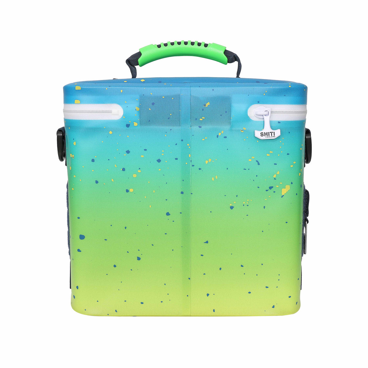 Aquaholic Soft Cooler in vibrant blue and green gradient, designed to hold 12 cans, featuring a sturdy handle and zippered closure.