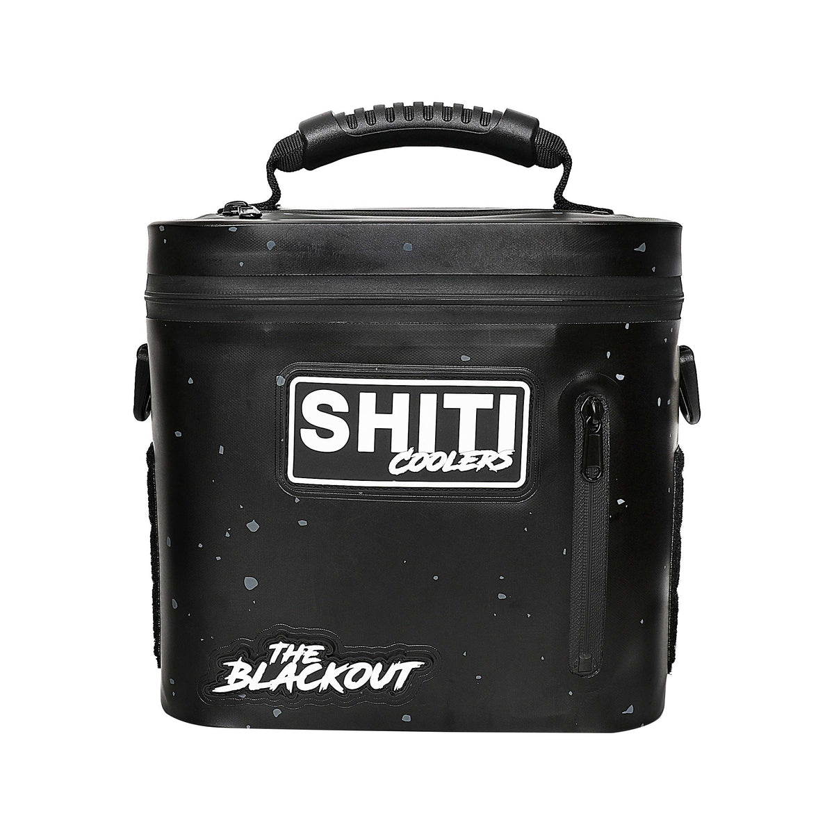Blackout Soft Cooler in black with a sturdy handle, featuring a logo and zippered side pocket for easy access.