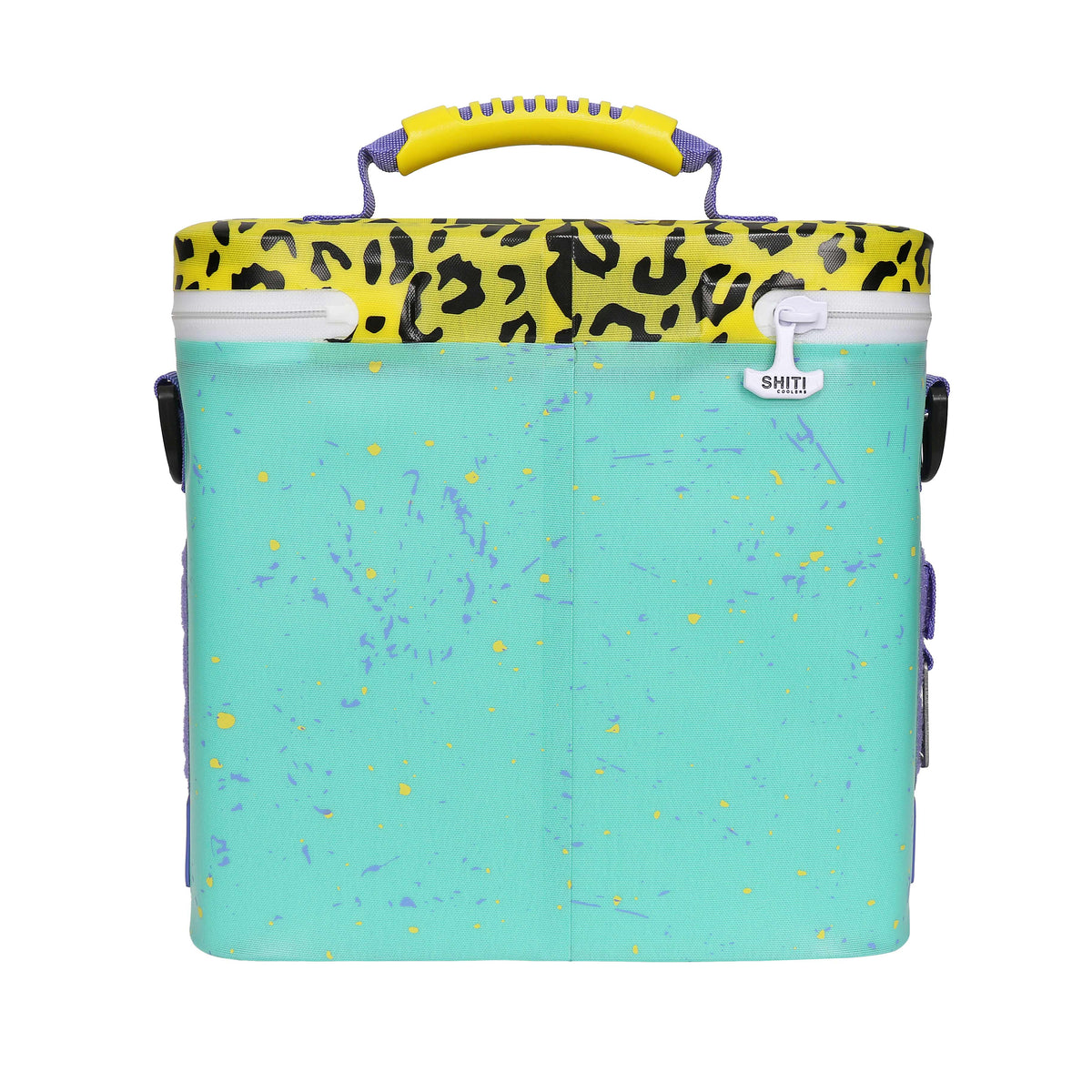Vibrant Panty Dropper Soft Cooler in teal with a leopard print lid, designed to hold 12 cans, featuring a sturdy handle.