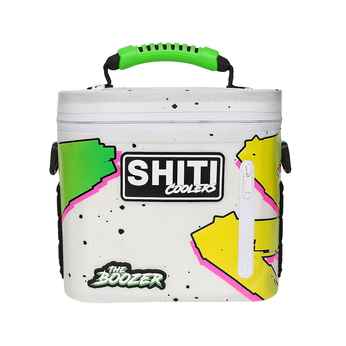 Boozer Soft Cooler in white with colorful graffiti-style accents, designed to hold six cans, featuring a sturdy handle.