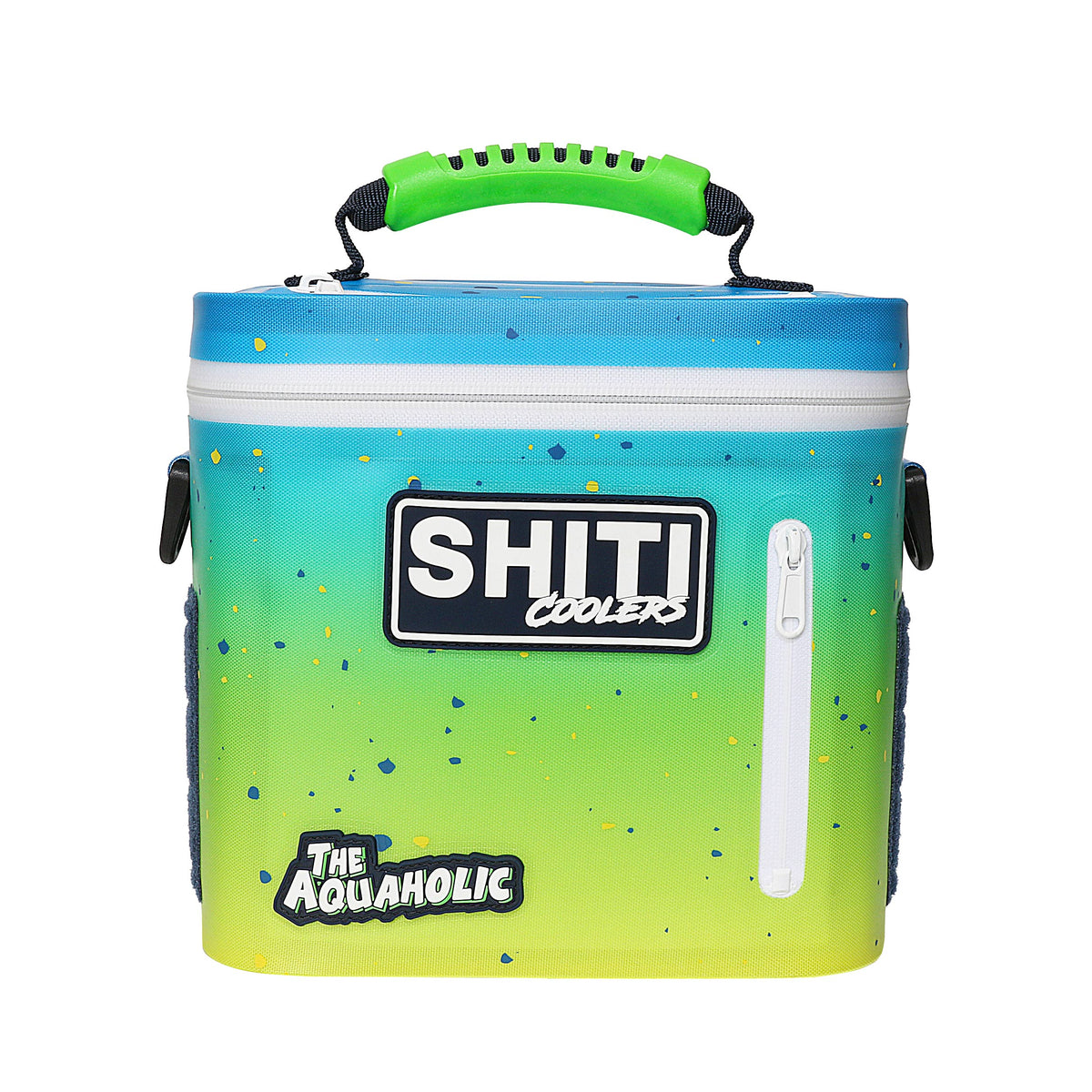 Aquaholic Soft Cooler in vibrant blue and green gradient, featuring a sturdy handle and zippered pocket for easy transport.