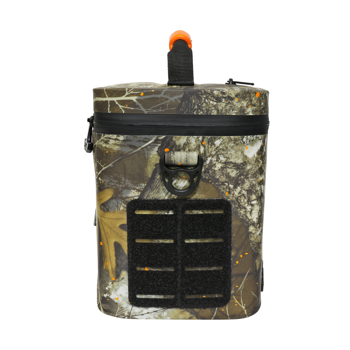 Realtree Soft Cooler designed for 6 cans, featuring a camouflage pattern and a sturdy handle for easy transport.