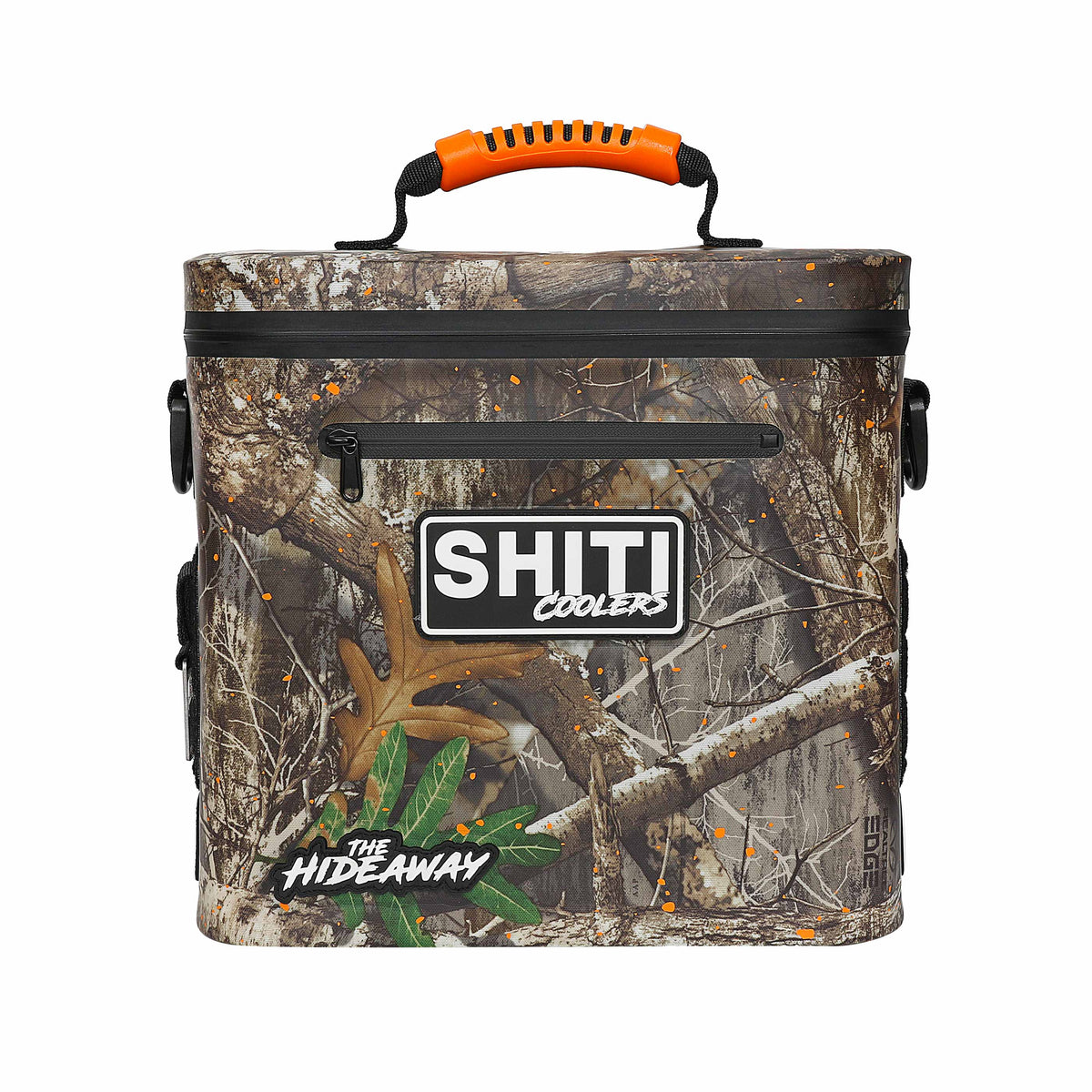 Realtree Soft Cooler designed for 12 cans, featuring a camouflage pattern and sturdy handle for easy transport.