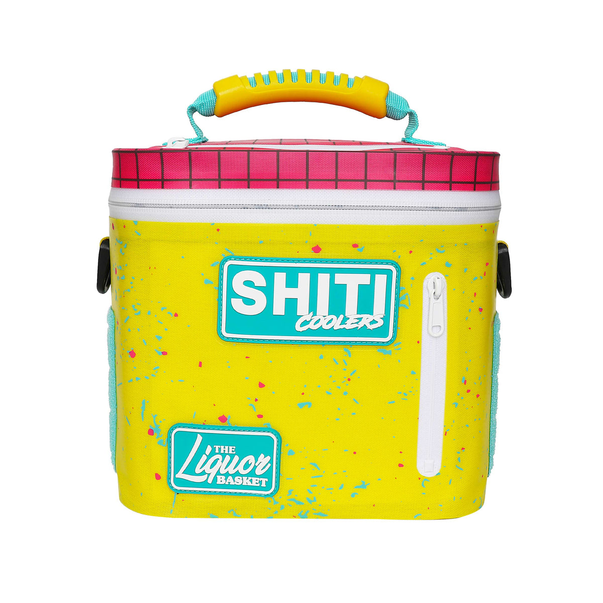 Bright yellow soft cooler with a pink plaid lid, featuring the SHITI Coolers logo and a side zipper, designed for six cans.