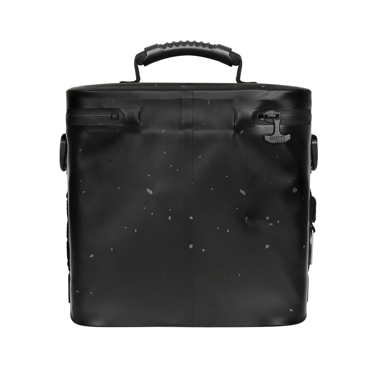 Blackout Soft Cooler in black with a speckled design, featuring a sturdy handle and secure zipper closures for 12 cans.