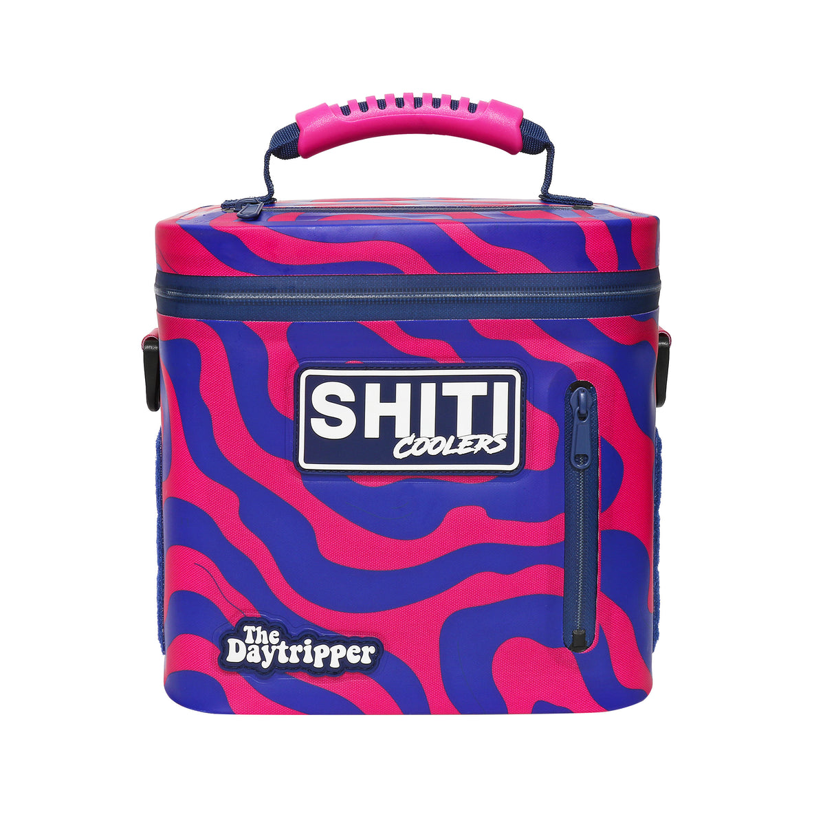 Vibrant pink and blue Daytripper Soft Cooler with a 6-can capacity, featuring a sturdy handle and zippered pocket.