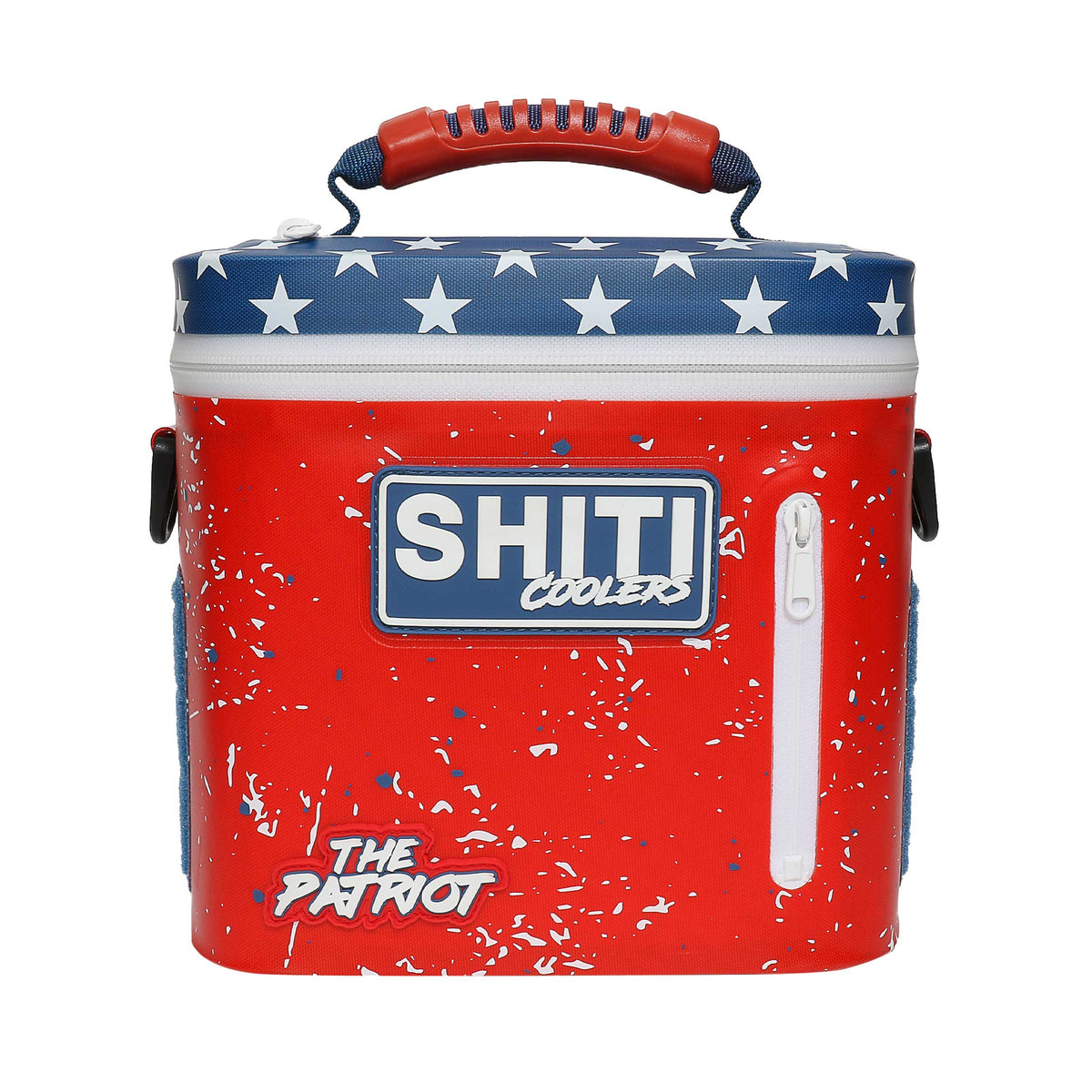 Red and blue Patriot Soft Cooler with star pattern, featuring a sturdy handle and zippered pocket, holds 6 cans.