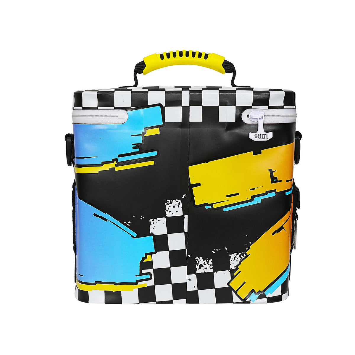 Colorful Fueler Soft Cooler with a checkerboard design, holding 12 cans, featuring a yellow handle for easy transport.