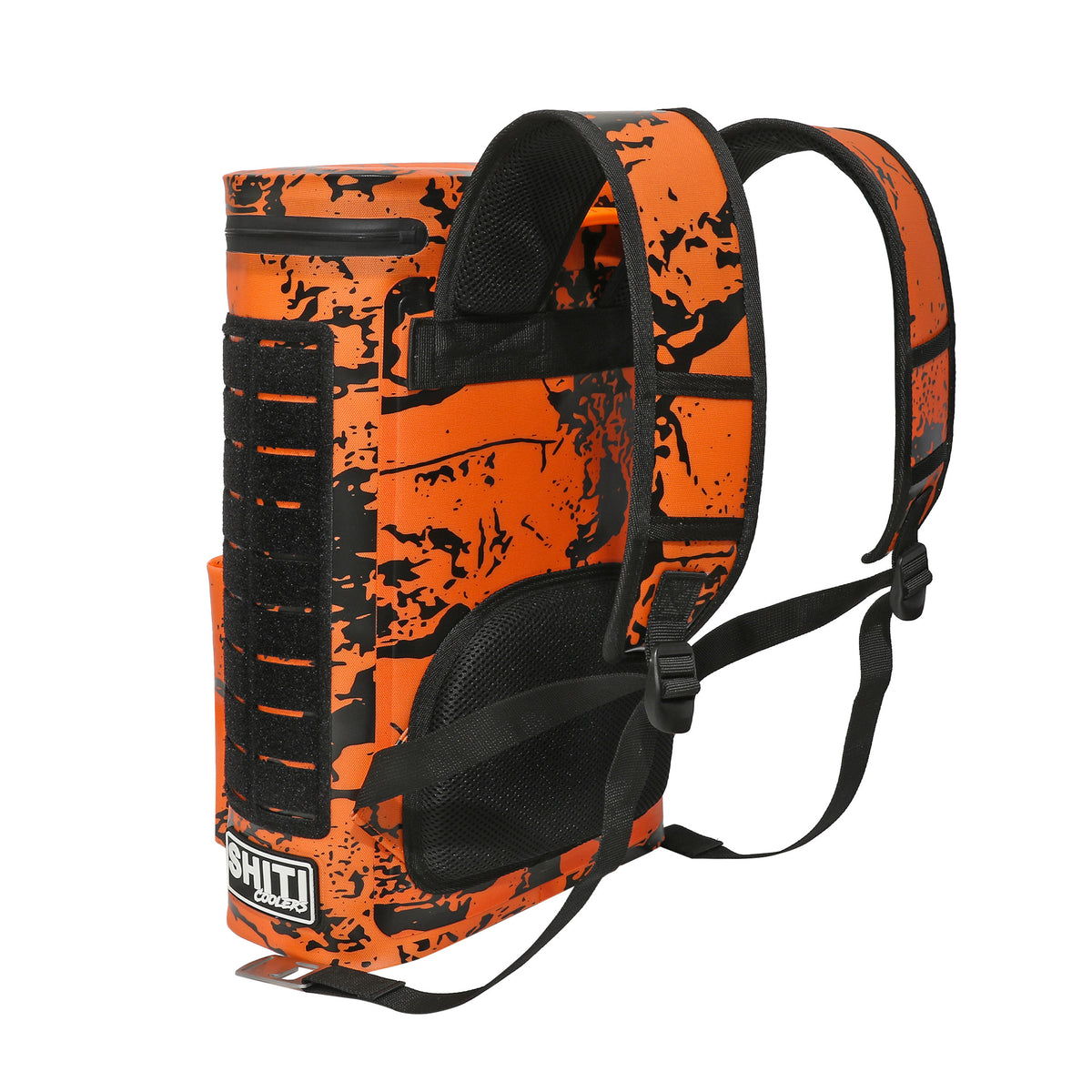 Orange Tracker Backpack Cooler designed to hold 15 cans, featuring adjustable straps and a durable exterior.