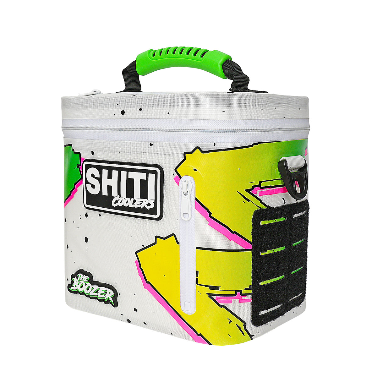 Boozer Soft Cooler in vibrant design, holds 6 cans, featuring a sturdy handle and front pocket for easy access.