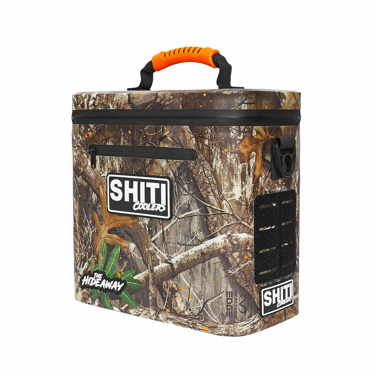 Realtree Soft Cooler in camouflage design, holds 12 cans, features a sturdy handle and side pocket for accessories.