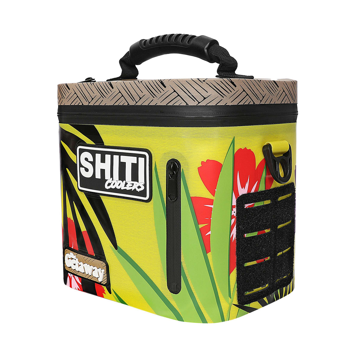 Vibrant yellow soft cooler with tropical design, featuring a sturdy handle and zippered pocket for 6 cans.