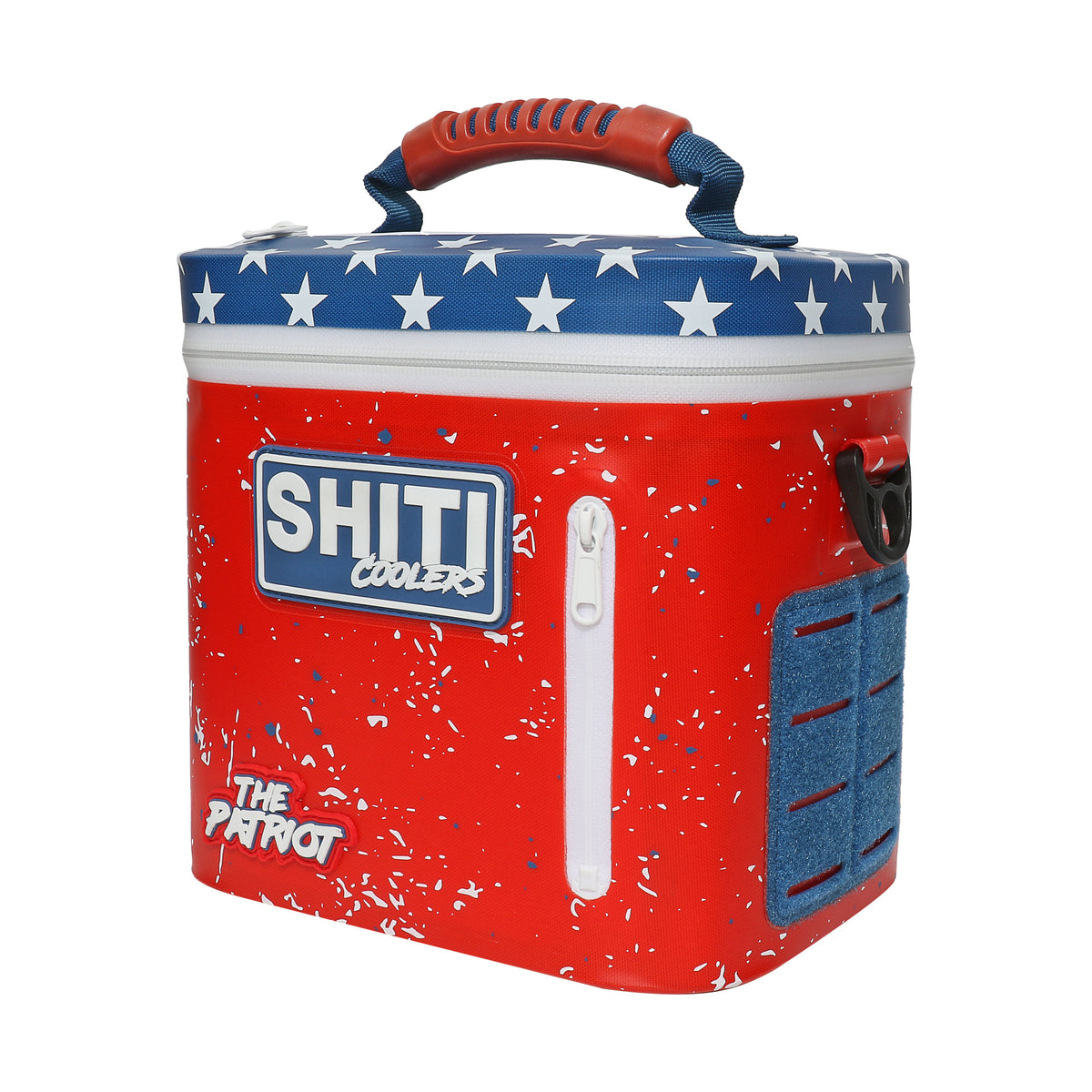 Red and blue soft cooler with star pattern, featuring a handle, front pocket, and capacity for six cans.