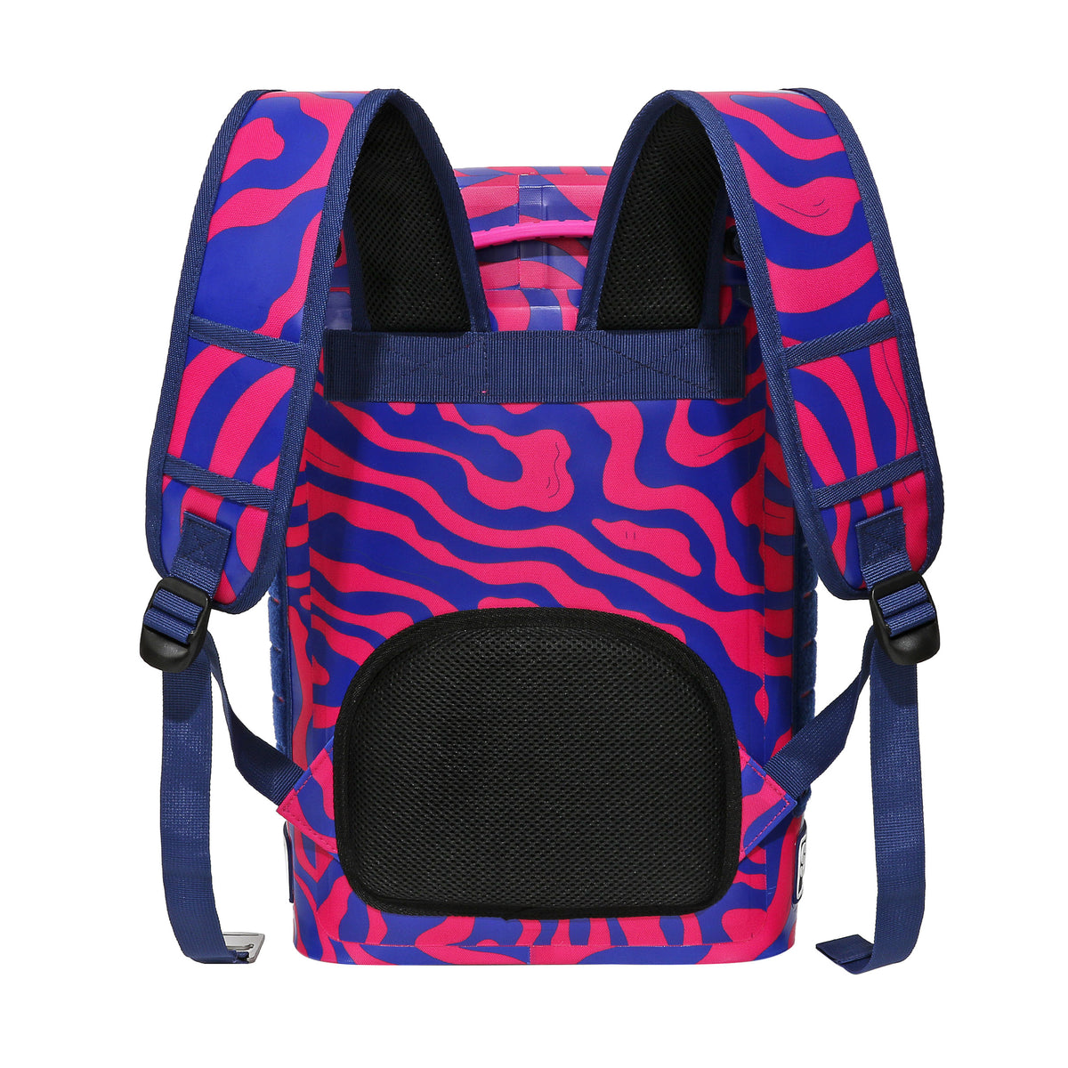 Colorful Daytripper Backpack Cooler with a vibrant pink and blue wave pattern, designed to hold 15 cans comfortably.