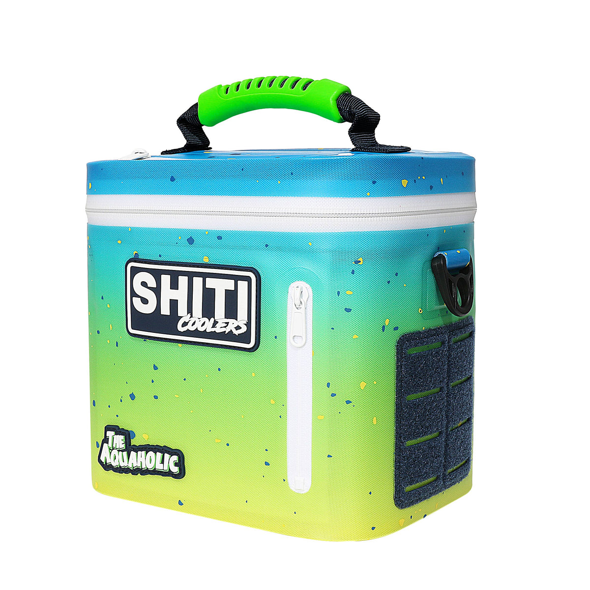 Aquaholic Soft Cooler in gradient blue and green, designed to hold 6 cans, featuring a sturdy handle and exterior pocket.