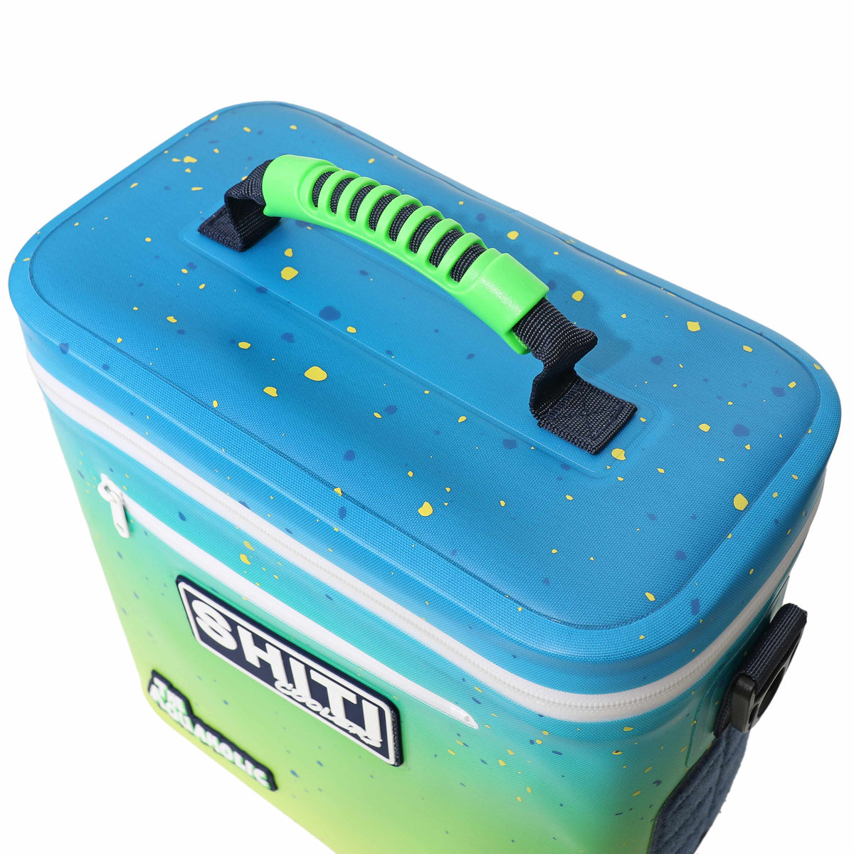 Aquaholic Soft Cooler in gradient blue and green, featuring a textured handle and vibrant speckled design.