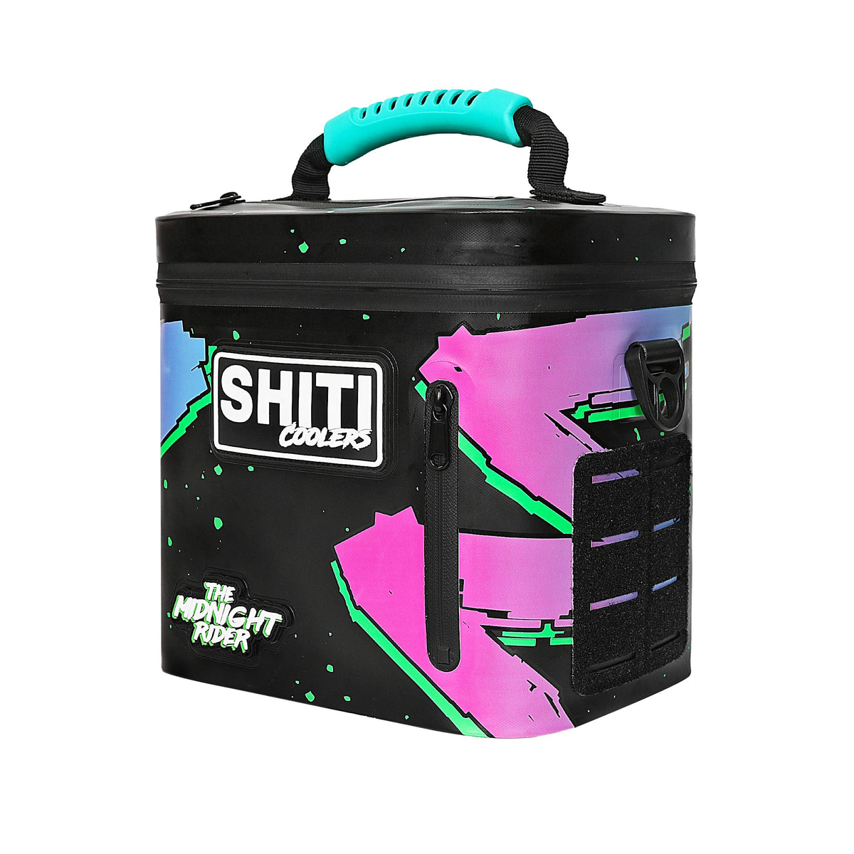 Midnight Rider Soft Cooler in vibrant colors with a handle, designed to hold 6 cans, featuring a stylish graphic design.