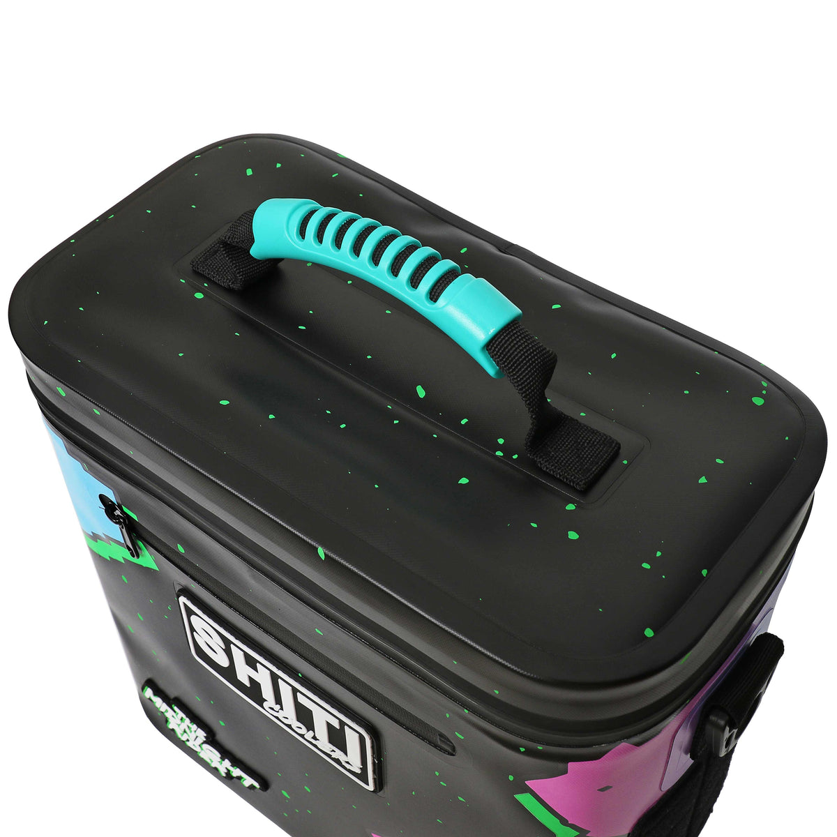 Midnight Rider Soft Cooler with a vibrant design, featuring a sturdy handle and capacity for 12 cans.