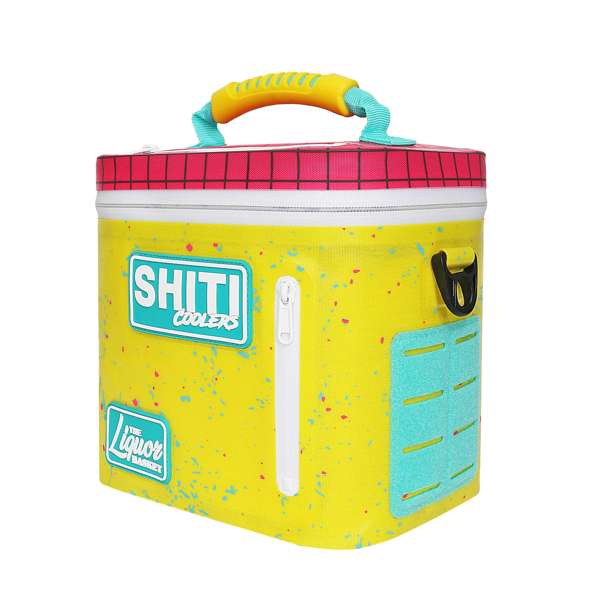 Bright yellow soft cooler designed for six cans, featuring a colorful lid and handles, ideal for outdoor gatherings.