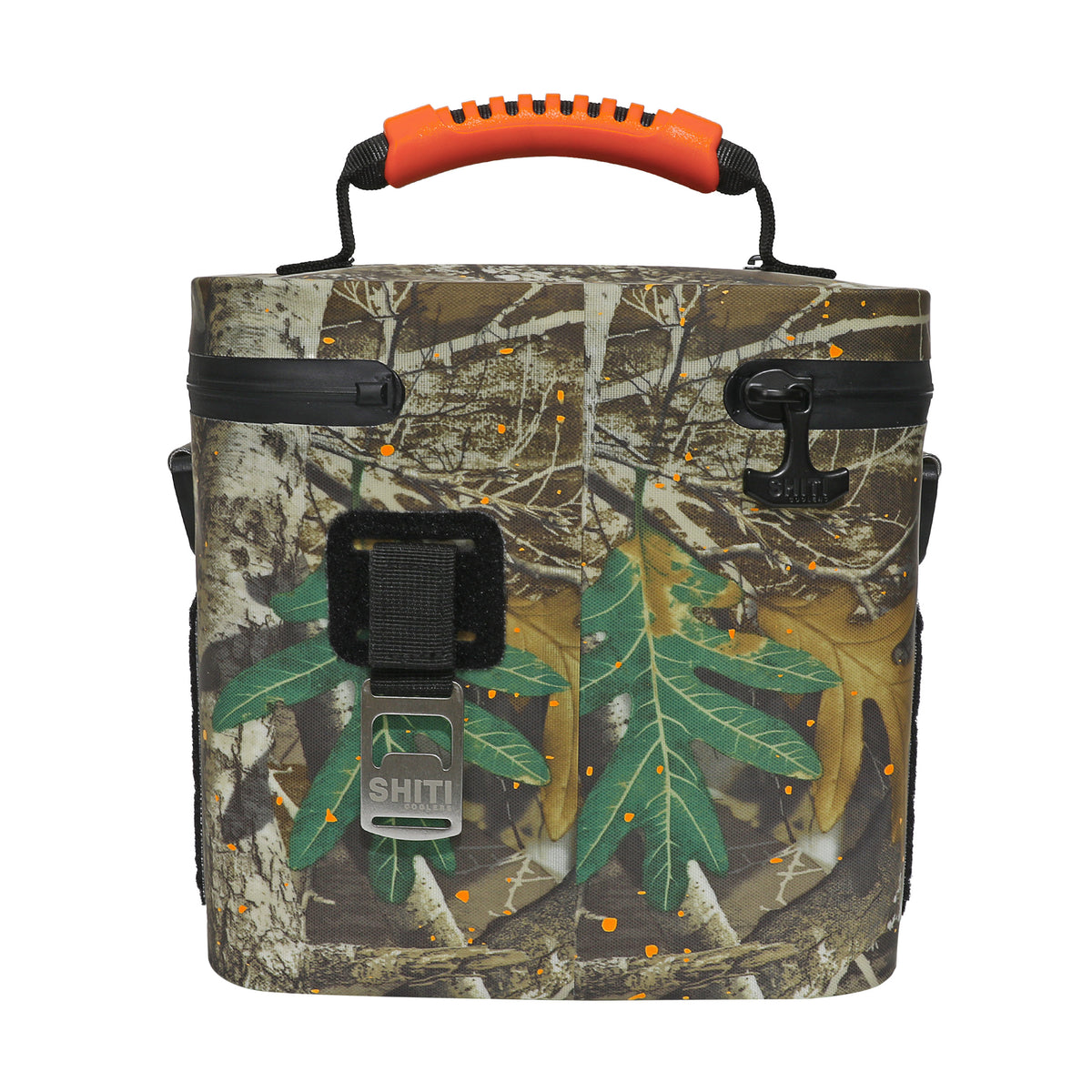 Realtree Soft Cooler holding 6 cans, featuring a camouflage design with orange accents and a sturdy handle.