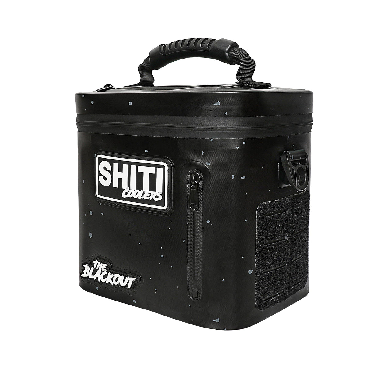 Blackout Soft Cooler in black, designed to hold 6 cans, featuring a sturdy handle and textured side for easy grip.
