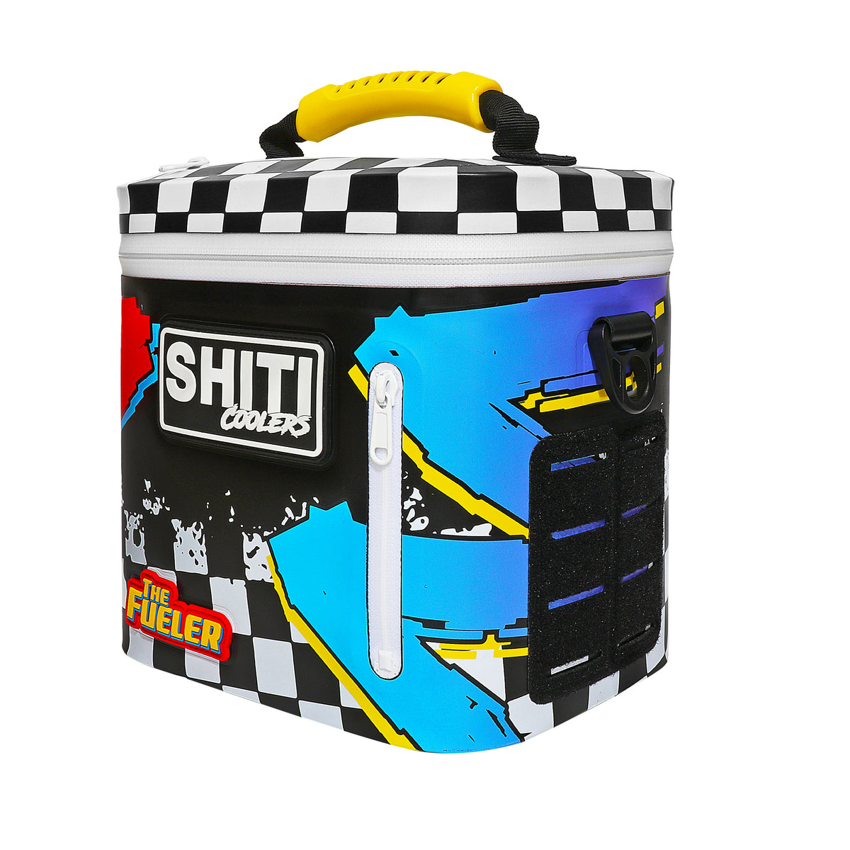 Colorful Fueler Soft Cooler with a checkerboard design, featuring a yellow handle and space for six cans.