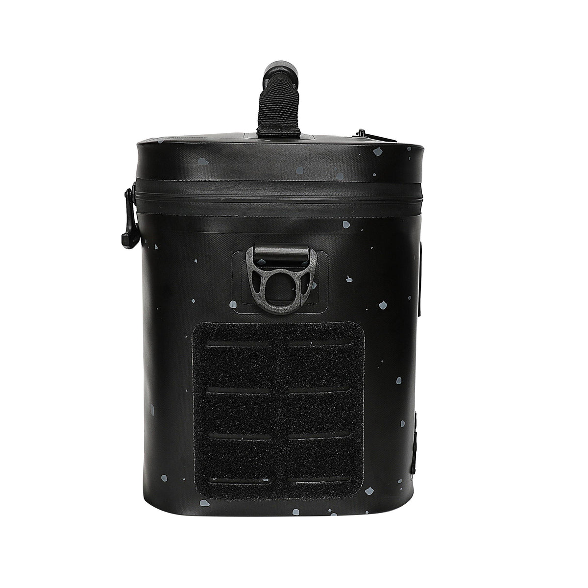 Blackout Soft Cooler in black with speckled design, featuring a secure lid and front storage panel for easy access.