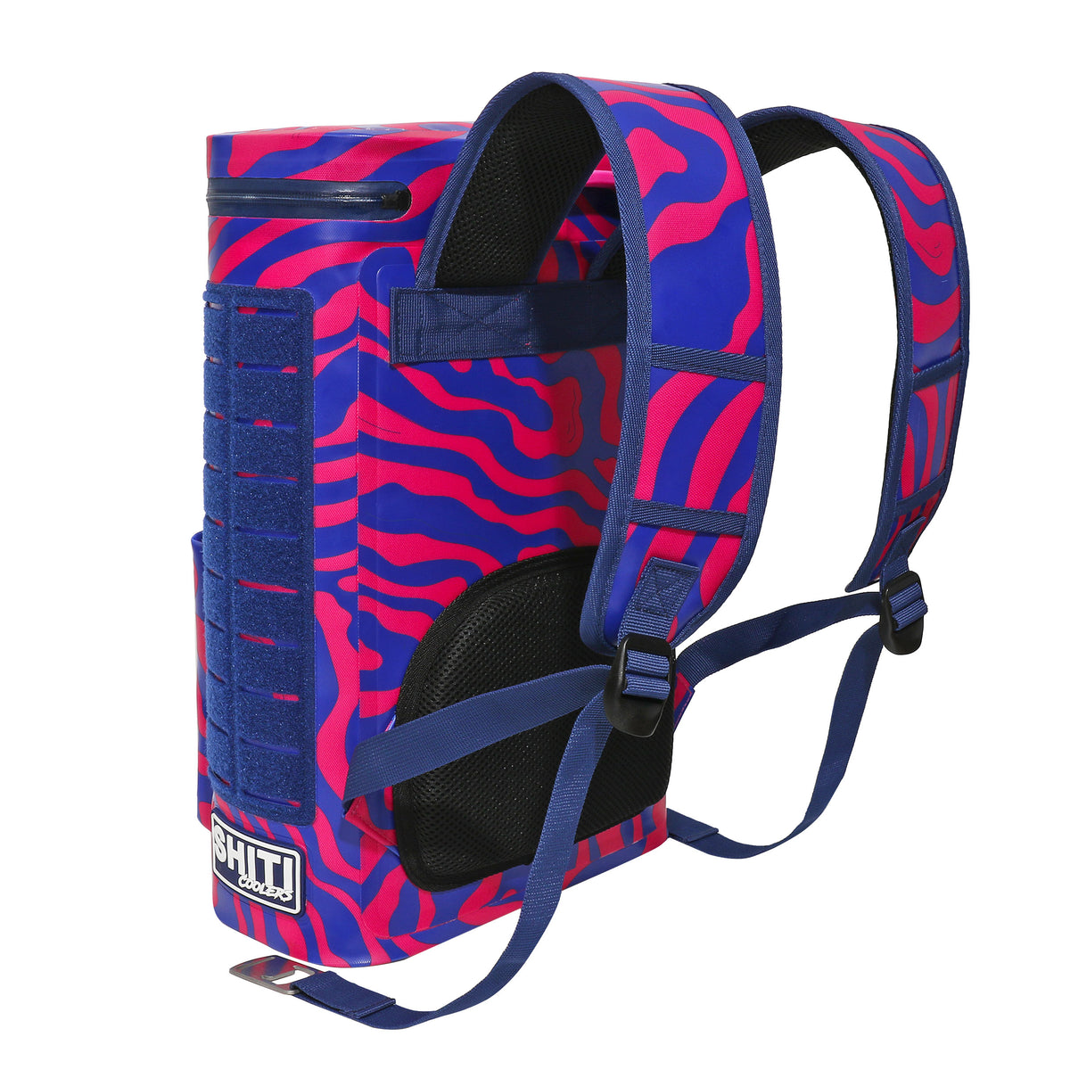 Vibrant blue and pink Daytripper Backpack Cooler designed to hold 15 cans, featuring adjustable straps for easy carrying.