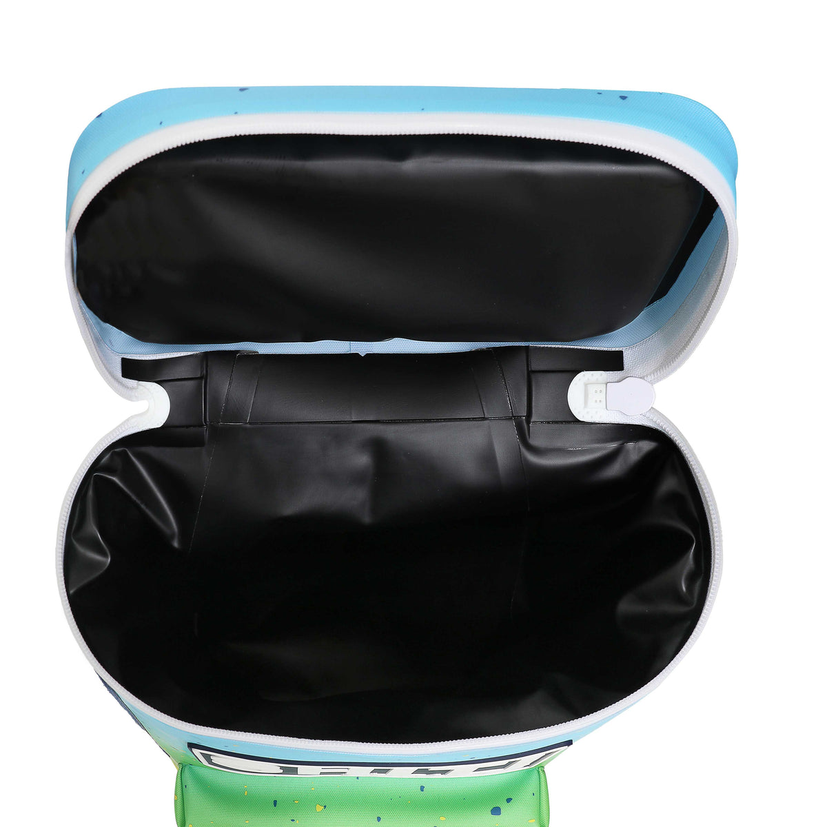 Open Aquaholic Backpack Cooler showcasing a spacious interior designed to hold up to 15 cans, featuring a waterproof lining.