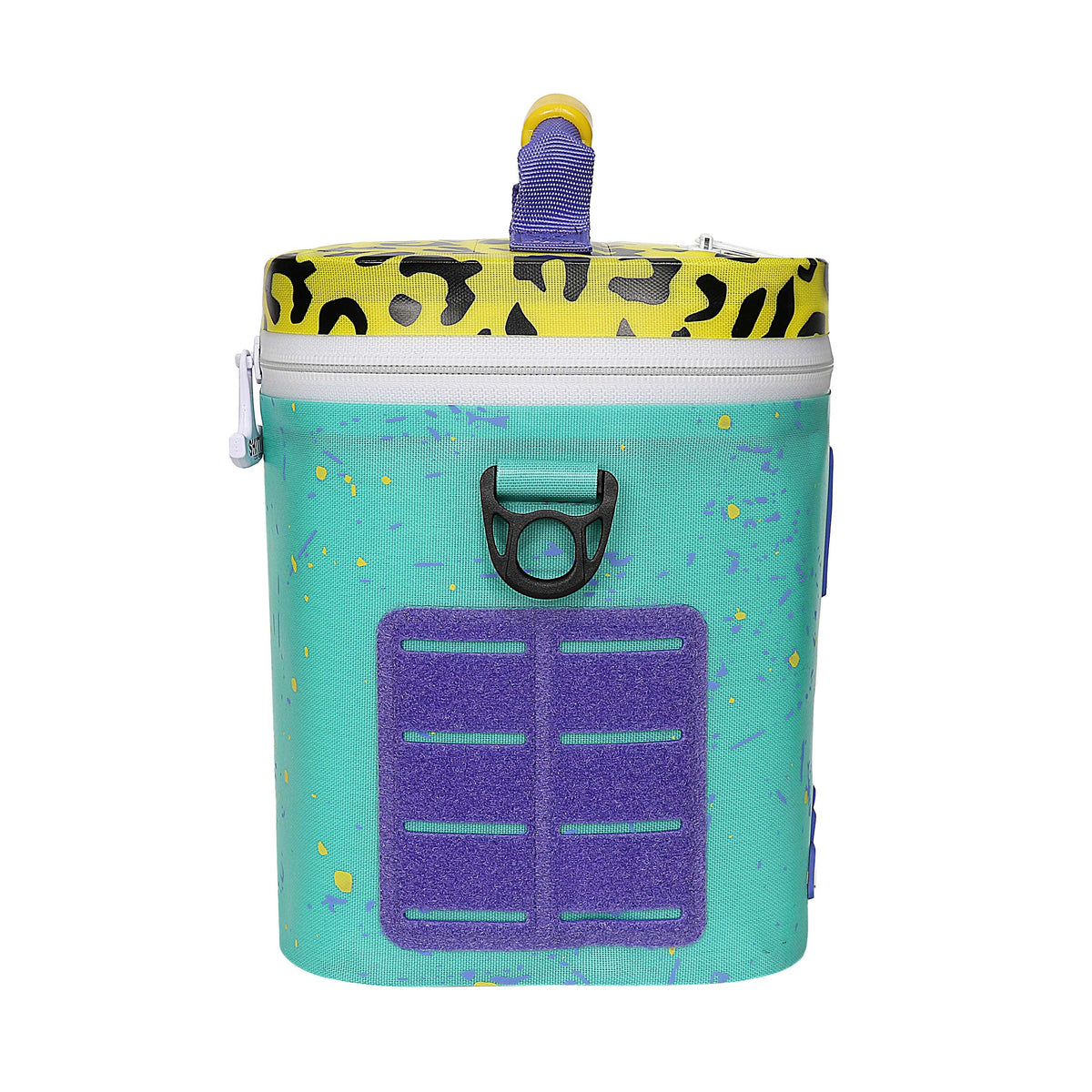 Colorful Panty Dropper Soft Cooler designed to hold 6 cans, featuring a vibrant blue and yellow leopard print lid.